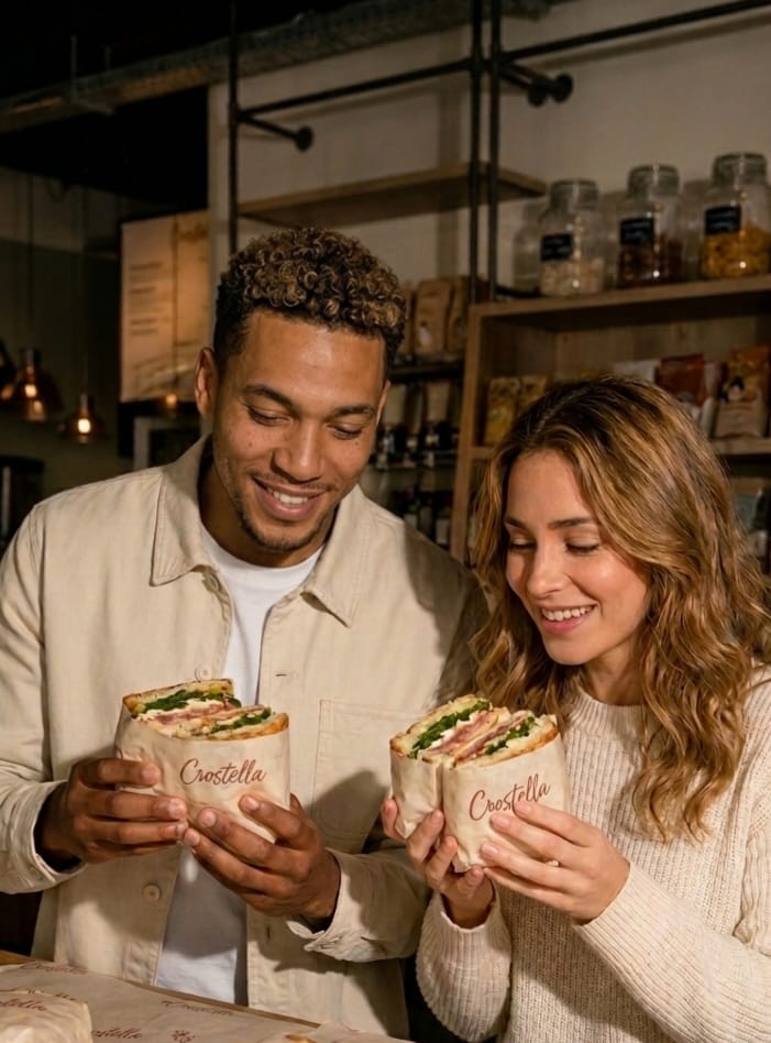 Deux clients savourant des schiacciate Crostella dans un comptoir artisanal italien — pause déjeuner chaleureuse
